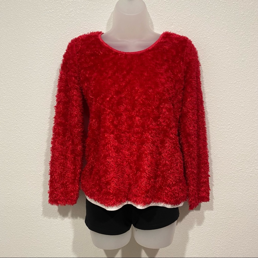knitworks red soft fuzzy textured long sleeve sweater sweatshirt top shirt